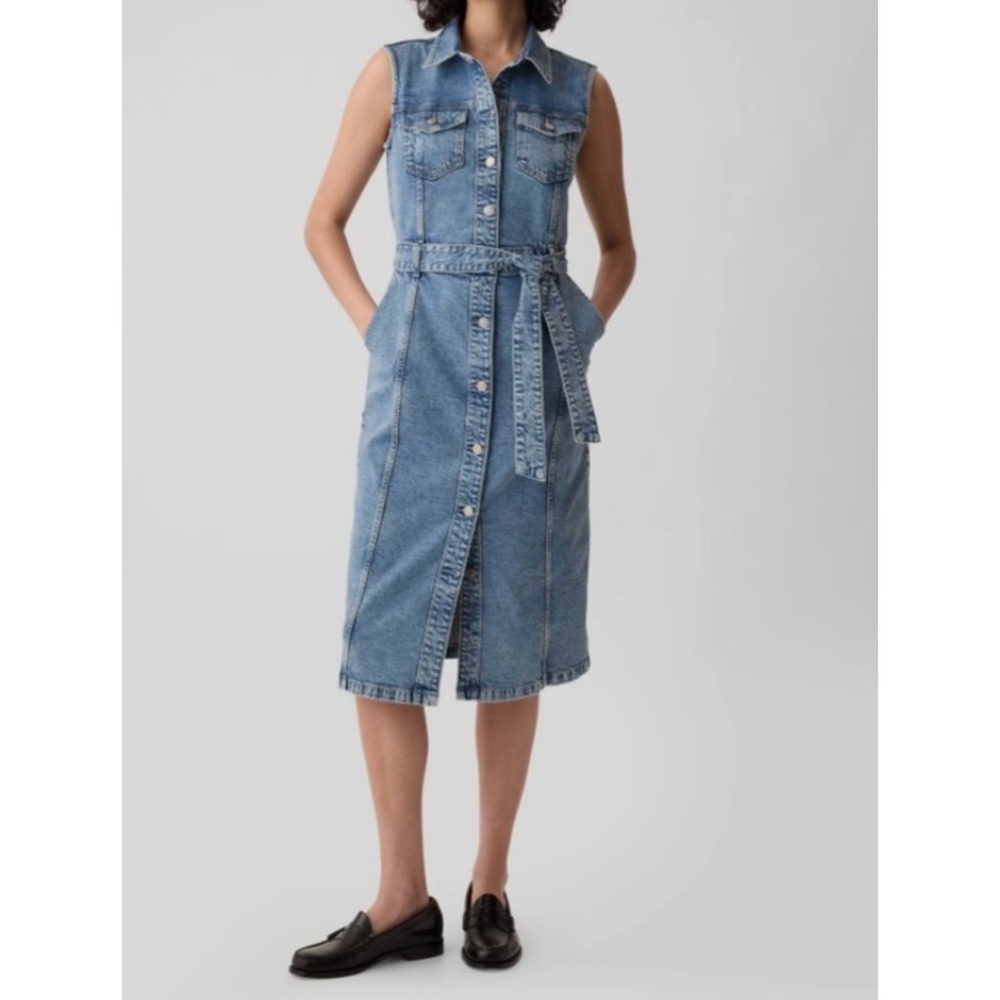 NEW Gap Sleeveless Jean Denim Midi Dress Light Wash Blue Button Front Belted 4